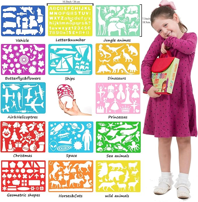 Drawing Stencils for Kids Kit & Carry Case – – Child-Safe, Non-Toxic Stencil Set with 300 Shapes, Colored Pencils, Paper, Etc. – Birthday Gifts & Travel Art Supplies for Creativity, Learning and Fun-CubbioJoy