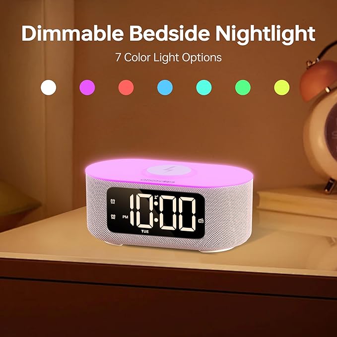JALL Fabric Alarm Clock for Bedroom, with Big Led Screen Display, Bluetooth Stereo Sound Speaker, FM Radio, Fast Wireless Charging, USB Charging Port, Nightlight, White Noise, Ideal for Gift, Pink-CubbioJoy
