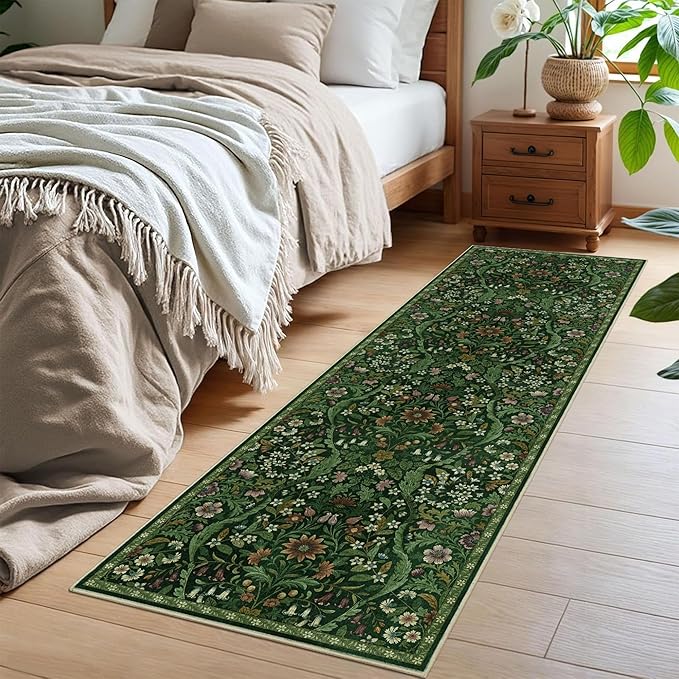 2x6 Washable Runner Rug,Dark Green Floral Boho Area Rug for Hallway,Low-Pile Non-Slip Stain Resistant Carpet for Kitchen, Bedside,Laundry Room,Entryway-CubbioJoy