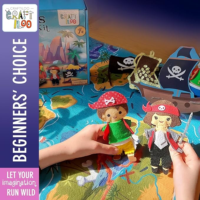 CRAFTILOO Pirates Pre-Cut Fun Kids Sewing Kit for Kids Ages 8-12 Children Beginners Sewing kit Kid Crafts Make Your Own Felt Pillow Plush Craft Kit Girls and Boys Art Craft Kits Learn to Sew Kit-CubbioJoy