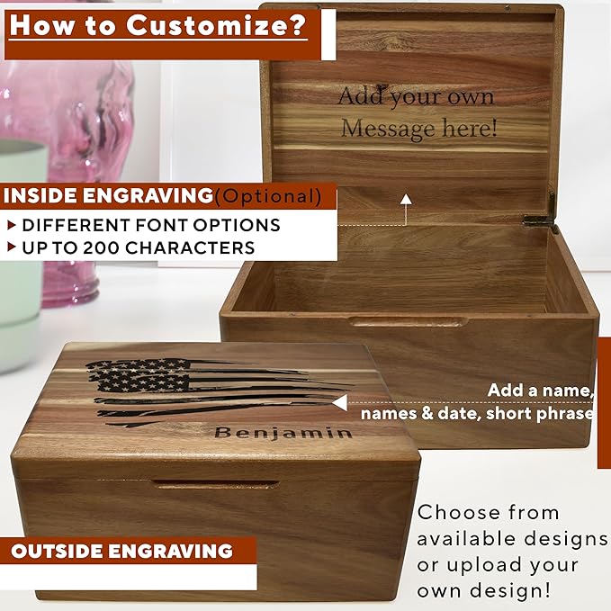 American Flag Box Personalized - Large Keepsake Boxes for Mens, Boys, 5th Wedding Gift Anniversary for Men/Women, Acacia Wood Decorative Chest Memory, Boys Treasure Box, 11.5 x 8.5 x 5.5 in-CubbioJoy