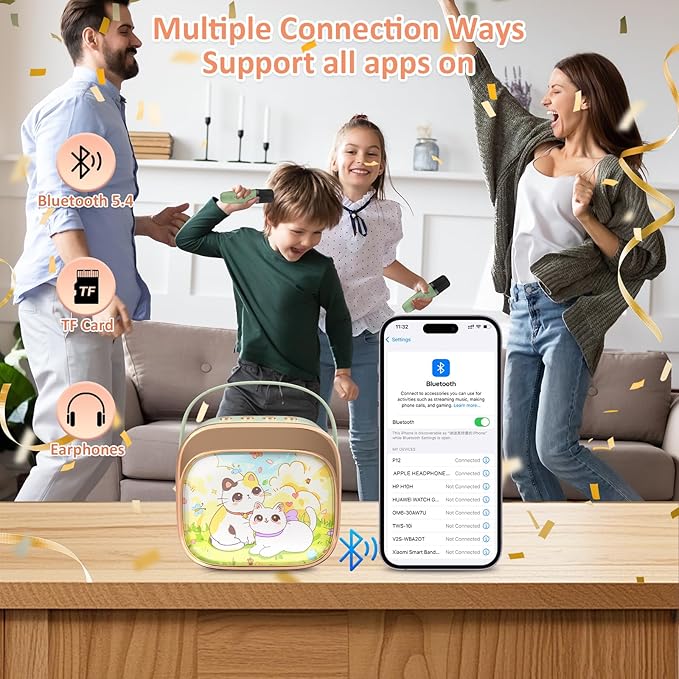 J&D Mini Karaoke Machine for Kids Adults, Portable Bluetooth Speaker with 2 Wireless Mics and Cat Sticker for Girls Boys Age 3–10 Birthday Gifts Princess Toys, Colorful LED, Green-CubbioJoy