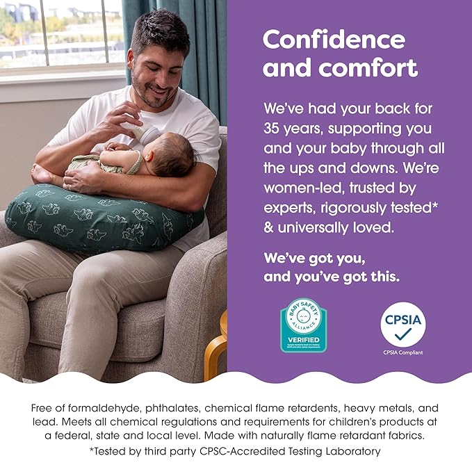 Boppy Nursing Pillow - Ergonomic Bottle & Breastfeeding Pillow with High, Firm, Large Area, Water-Repellent Cushion with Washable Cover; Baby Safety Alliance Verified - Forest Green Dinos-CubbioJoy