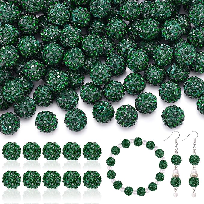 160pcs 10mm Rhinestone Beads for Jewelry Making, Dark Green Shiny Round Disco Ball Beads Bulk, Sparkle Crystal Clay Christmas for Bracelet Baseball Necklace Earring Crafting and DIY-CubbioJoy