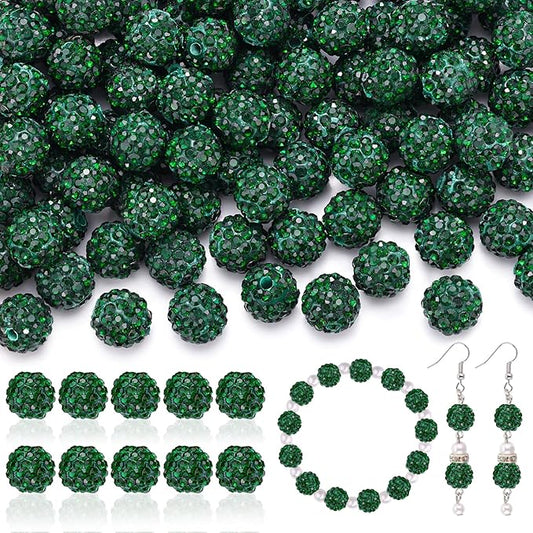 160pcs 10mm Rhinestone Beads for Jewelry Making, Dark Green Shiny Round Disco Ball Beads Bulk, Sparkle Crystal Clay Christmas for Bracelet Baseball Necklace Earring Crafting and DIY-CubbioJoy