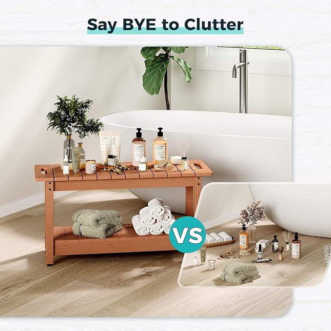 35" Shower Bench, Waterproof Poly Lumber Shower Stool for Shaving Legs, Shower Chair Seat Holds up to 400lbs, Bathroom Bench for Inside Shower, Non-Slip (Brown)-CubbioJoy