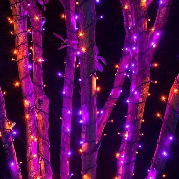 Dazzle Bright Purple & Orange Halloween String Lights, 33FT 100 LED Connectable Black Wire 8 Modes String Lights, Waterproof Halloween Decorations for Indoor Outdoor Patio Party Holiday-CubbioJoy
