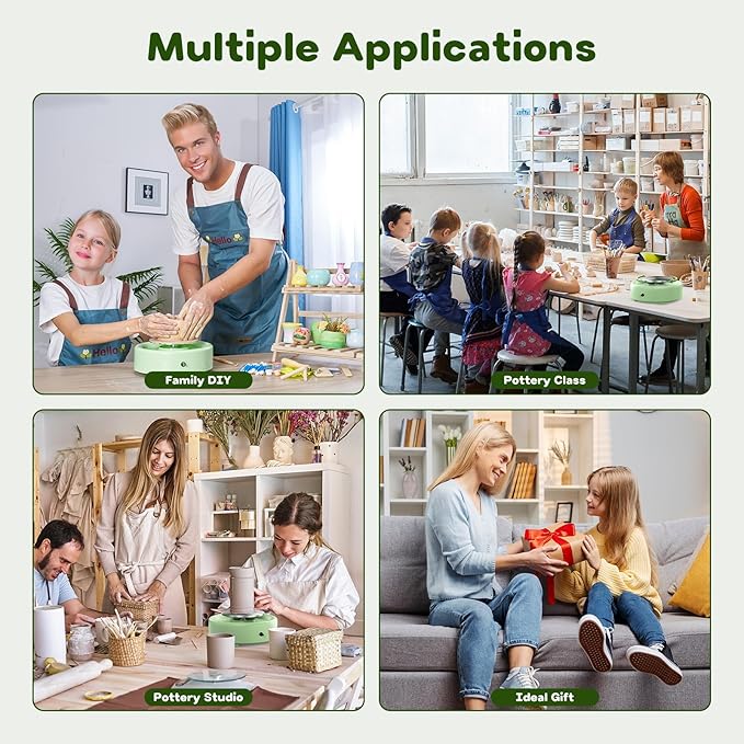 Alldeer Mini Pottery Wheel Machine - 6" Upgraded Clay Wheel for Beginners & Kids, 75W Motor, Adjustable Speed, Low Noise Ceramic Making Kit with 18PCS Sculpting Tools, Ideal for Home DIY (Green)-CubbioJoy