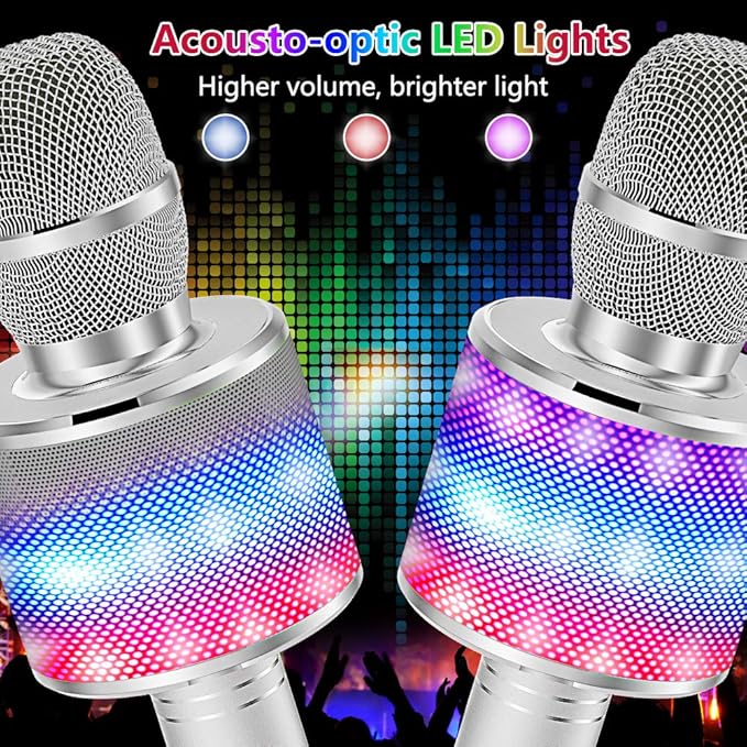 Amazmic Kids Karaoke Microphone Machine Toy Bluetooth Microphone Portable Wireless Karaoke Machine Handheld with LED Lights, Gift for Children Adults Birthday Party, Home KTV(Silver)-CubbioJoy