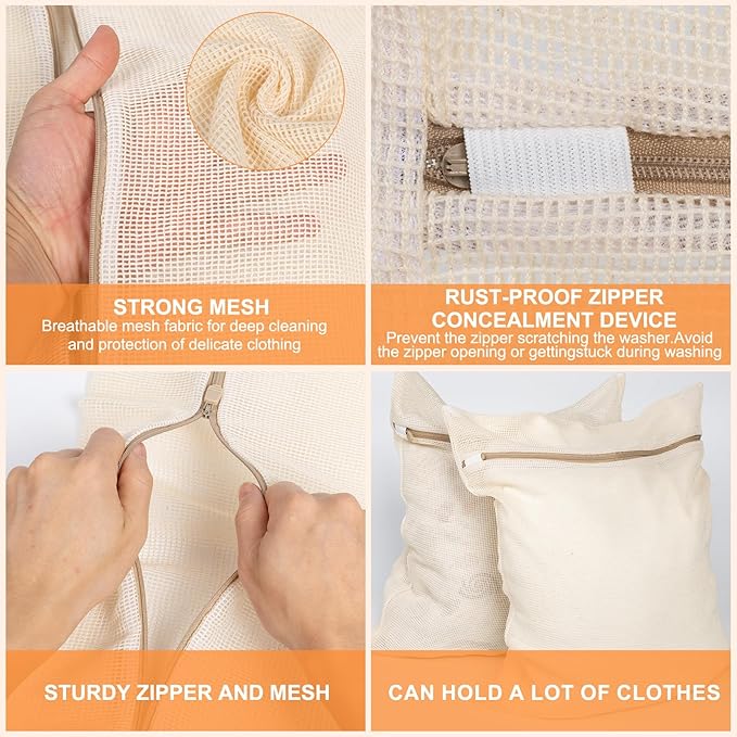 4-Piece Large Durable Organic Cotton Mesh Laundry Bags with Sturdy Zippers and Breathable Mesh are Delicate Laundry Bags for Underwear, Clothes, Pants and Socks-CubbioJoy