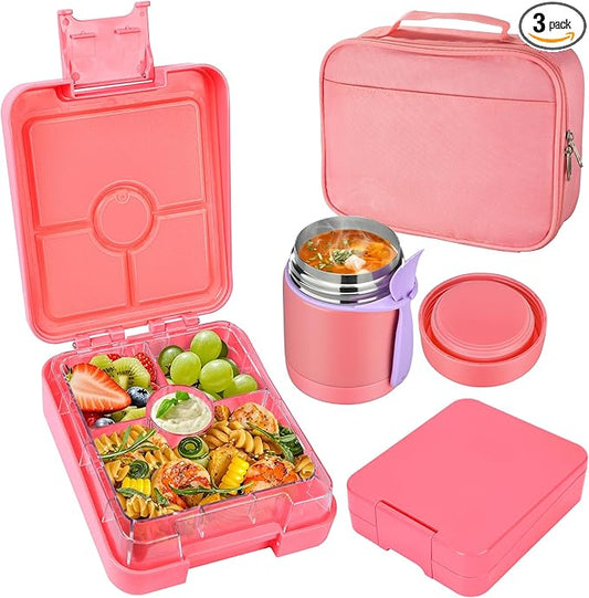 Bento Lunch Box Set With 10oz Soup Thermo, Leak-proof Lunch Containers with 4 Compartment, Kids Hot Thermo Food Jar/Insulation Lunch Bag, Food Containers for School（Solid）-CubbioJoy