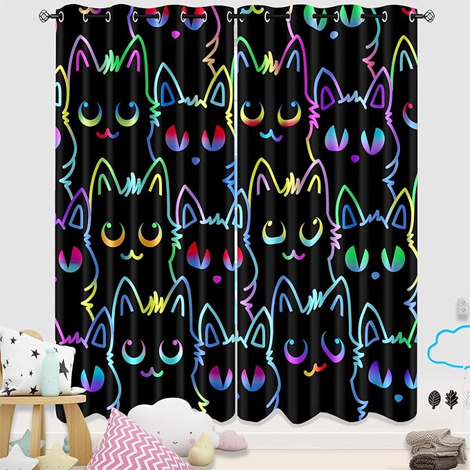 Cat Blackout Curtains for Girls - 2Pcs Cute Cartoon Cat Patterns Curtain Panels for Girls Bedroom Lovely Cats Drapes Darkening Window Curtain for Living Room Bedroom, 82" x 84"-CubbioJoy