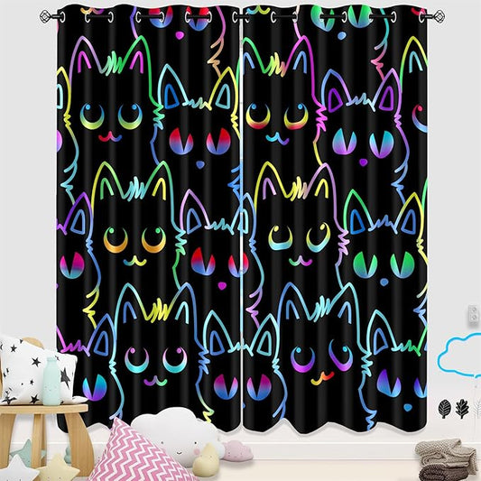 Cat Blackout Curtains for Girls - 2Pcs Cute Cartoon Cat Patterns Curtain Panels for Girls Bedroom Lovely Cats Drapes Darkening Window Curtain for Living Room Bedroom, 82" x 84"-CubbioJoy
