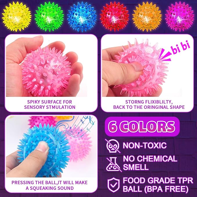 Bouncy Light Up Ball for Kids - LED Flashing Spiky Sensory Toys for Kids with Autism Stress Balls for Toddlers 1-3 Fidget Toys Sensory Balls Glow in The Dark for Novelty Noisemaker Toys for Parties-CubbioJoy