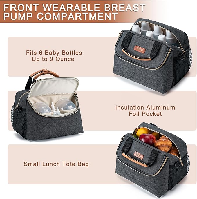 Breastmilk Cooler Bag with Ice Pack Fits 6 Baby Bottles up to 9 Ounce, Wearable Breast Pumps Cooler Bag for Nursing Mom Daycare, Work, Travel- Dark Grey-CubbioJoy