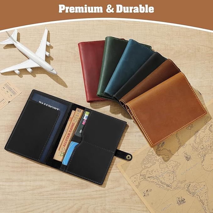 Jack&Chris Genuine Leather Passport Holder for Travel, RFID Blocking Handmade Passport Holder with Card Case Organized & Safe, Quality Travel Essentials for Women and Men for Gifting, Black-CubbioJoy