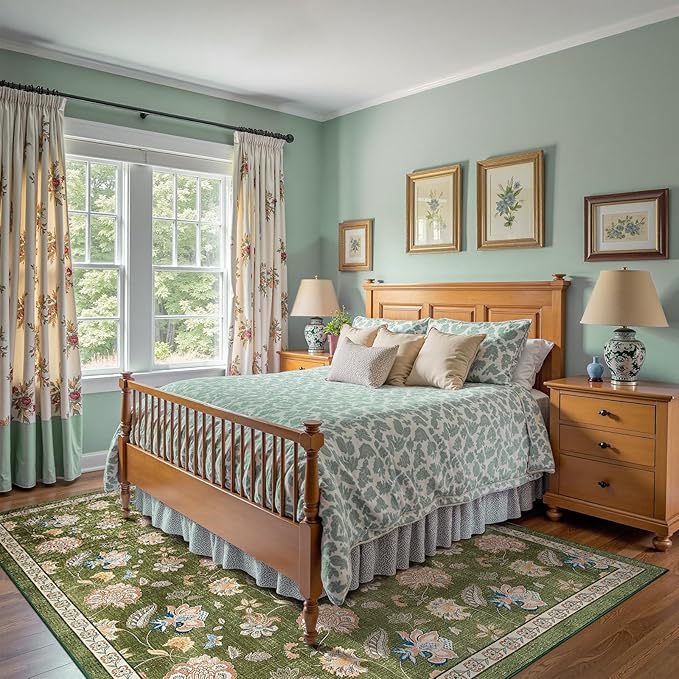 jinchan 8x10 Floral Rug for Living Room Washable Bedroom Rug Vintage Romance Design Non Slip Thin Indoor Floor Cover Large Low-Profile Throw Carpet for Dining Room Office, Green-CubbioJoy