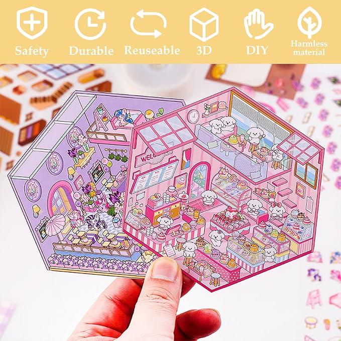 4 Sets DIY 3D House Sticker Make Your Own Mini Flower Shop, Bookstore, Cake Shop, Burger Shop Scenes Stickers for Kids Cartoon Scene Stickers for Adult Relief Stress Pass The Time-CubbioJoy