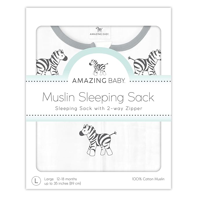 Amazing Baby Muslin Sleeping Sack, Zebra, Black, Large, Wearable Blanket with 2-way Zipper , Large 12-18 Month-CubbioJoy