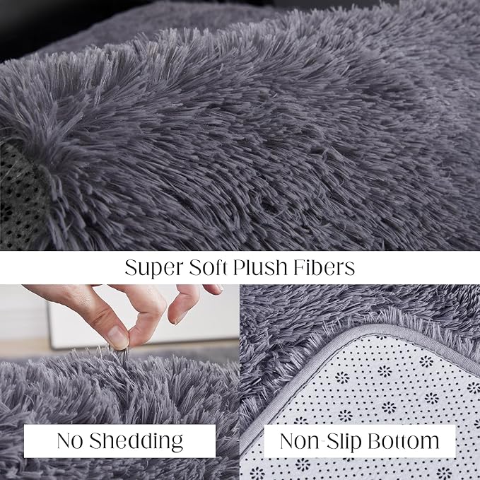 8x10 Grey Fluffy Rug, Ultra Soft Area Rugs for Living Room, Plush Indoor Carpet, Anti-Skid High Pile Luxury Rugs for Bedroom, Nursery, Kids Room, Playroom, Home Decor-CubbioJoy