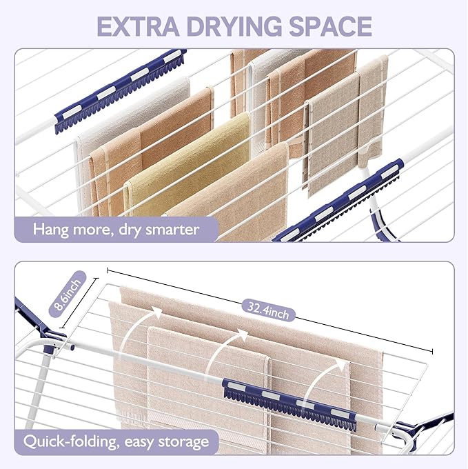 APEXCHASER Clothes Drying Rack Foldable, Drying Rack Clothing Large Space, Winged Laundry Rack with Sock Clips for Hanging Towels Clothes Dress Bedding Indoor Outdoor, White-CubbioJoy