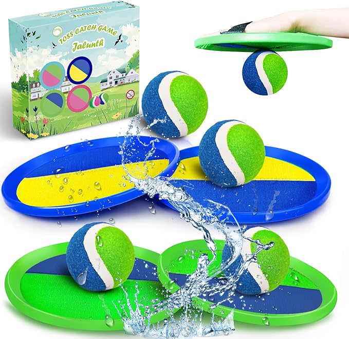 Jalunth Ball Catch Set Game Toss Paddle - Beach Toys Back Yard Outdoor Games Pool Backyard Target Throw Sticky Set Age 3 4 5 6 7 8 9 10 11 12 Years Old Boys Girls Kids Easter Gifts Green Blue 2 Pack-CubbioJoy