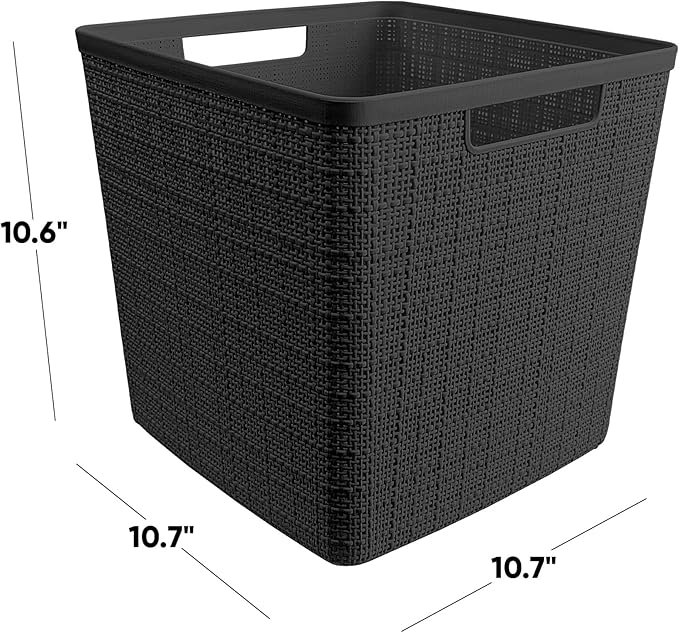 Curver Set of 4 Jute Large Cube Decorative Plastic Organization and Storage Baskets, Perfect Bins for Home Office, Closet Shelves, Kitchen Pantry and All Bedroom Essentials, Black-CubbioJoy