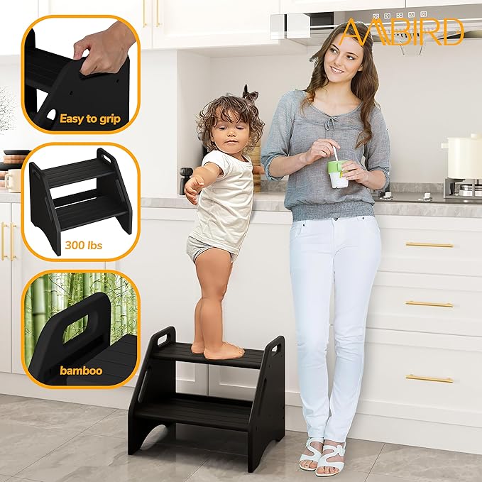 AMBIRD Wooden Step Stool, Two Step Stools 300 lbs Capacity with Safety Non-Slip Pads and Handles, Bamboo Step Stool for Bathroom, Kitchen Dual Height Step Stools for Adults (Black)-CubbioJoy