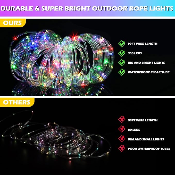 Color Changing Rope Lights 99FT 300 LED Outdoor, String Lights with Plug & Remote | Twinkle Christmas Indoor Bedroom, Waterproof Christmas Lights Outdoor, Rope Lights for Outside,16 Colors-CubbioJoy