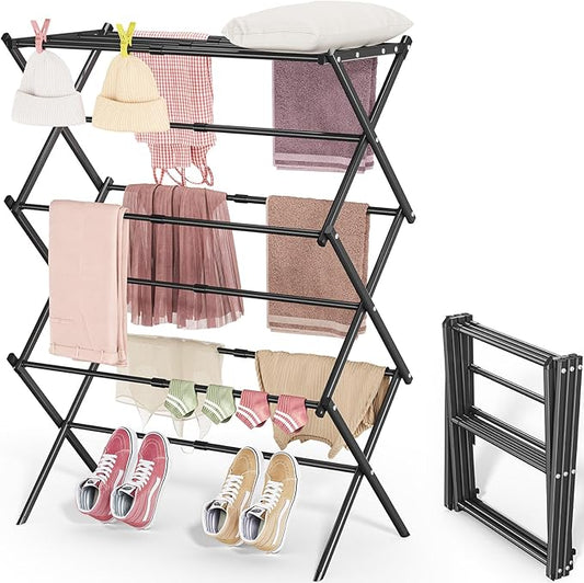 APEXCHASER Clothes Drying Rack, 3-Tier Laundry Drying Rack for Clothes, Expandable Metal Clothing Dryer, Collapsible Towel Rack, Air Drying Rack, Black-CubbioJoy