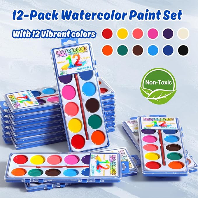 24 Packs Watercolor Paint Set Bulk, 12 Vibrant Colors Washable Watercolors with Brushes for Kids, Art Activities Painting Supplies for School Classroom Home-CubbioJoy