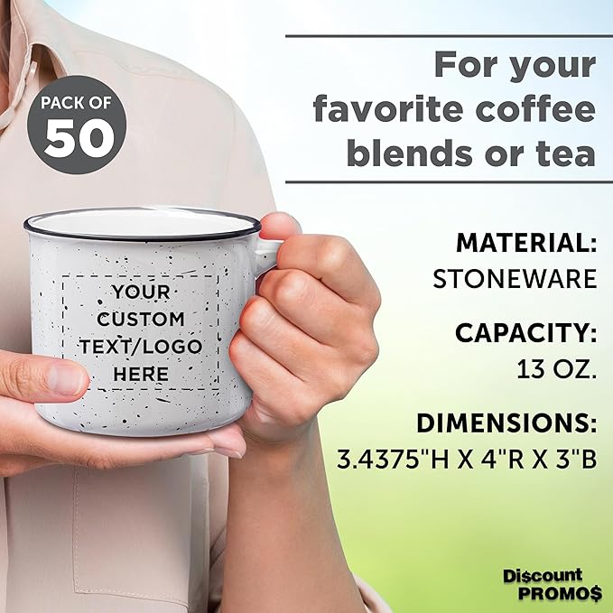 DISCOUNT PROMOS Custom Ceramic Campfire Coffee Mugs 13 oz. Set of 50, Personalized Bulk Pack - Perfect for Tea, Espresso, Cappuccino, Hot Cocoa - White-CubbioJoy