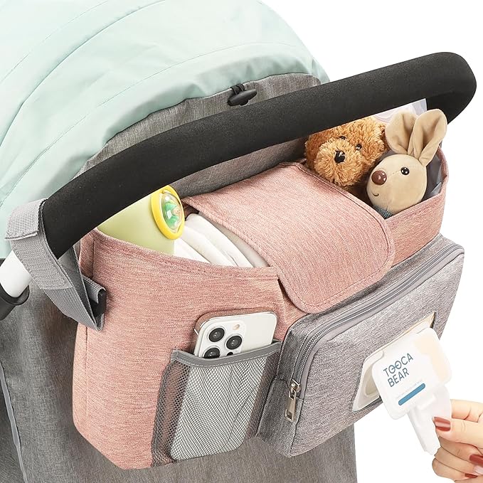 Accmor Universal Stroller Organizer with Insulated Cup Holder, Stroller Caddy Bag Accessories, Stroller Cup Holder Organizer for Uppababy Baby Jogger Britax Stroller, Pink-CubbioJoy