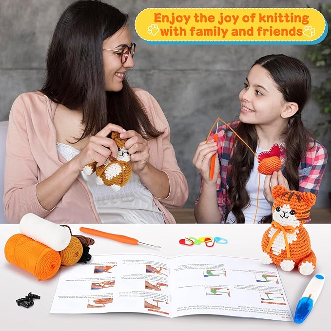 Crochet Kit for Beginners, 2PCS Cat Crochet Animal Kit with Step-by-Step Video Tutorials, Beginner Crochet Kit for Adults, Crochet Starter Kit for Kids, Learn to Crochet, Stuffed Animal Knitting Kit-CubbioJoy