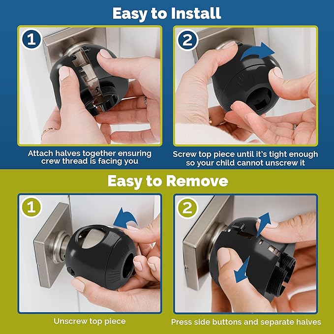 Child Safety Door Knob Cover (4 Pack) Hard-to-Remove Dual-Lock Door Handle Covers for Kids - Reusable Baby Proof Door Knob Locks - Installs Easily, No Tools Needed (Black)-CubbioJoy