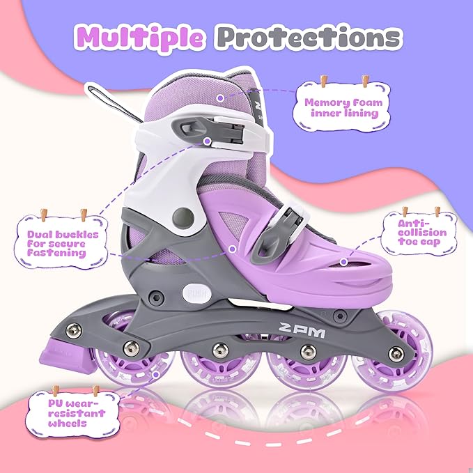 2PM SPORTS Inline Skates with Light Up Wheels, Roller Skates Blades for Boys Girls Kids Ages 5-8 8-12 4-6 6-12, Size Adjustable Beginner Blades Roller Skates-CubbioJoy