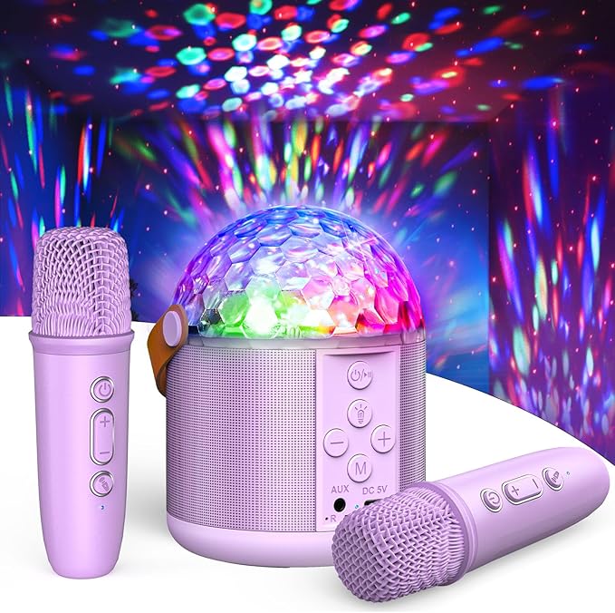 Karaoke Machine with Disco LED Lights for Adults Kids, Portable Bluetooth Speaker with 2 Wireless Microphone, Gifts Toys for 3-12+ Kids Birthday Family Home Party-CubbioJoy