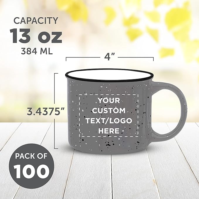 DISCOUNT PROMOS Custom Ceramic Campfire Coffee Mugs 13 oz. Set of 100, Personalized Bulk Pack - Perfect for Tea, Espresso, Cappuccino, Hot Cocoa - Grey-CubbioJoy