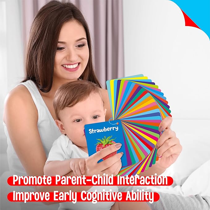 50 PCS Early Learning Flashcards, 7 in 1 Double Sided Cards- Alphabet, Numbers, Foods, Animals, Shapes, Colors with 2 Reclosable Rings, Learning Tool for Pre-K Kindergarten Toddlers-CubbioJoy