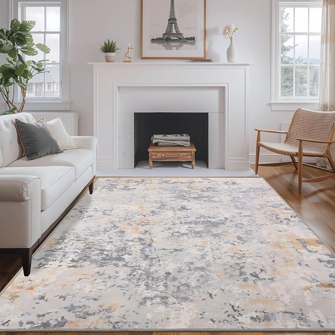 8x10 Grey Area Washable Rugs for Living Room, Abstract Modern Non Slip Bedroom Rugs, Neutral Large Low Pile Carpet Stain Resistant for Dining Room, Kids Playroom, Office-CubbioJoy
