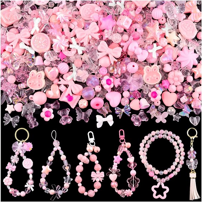 Assorted 170-230PCS Pink Acrylic Beads for Bracelet Making, Flower Bow Butterfly Candy GummyBear Aesthetic Bracelet Charms,Cute Beads for Jewelry Making DIY Necklace Keychain Phone Charm-CubbioJoy