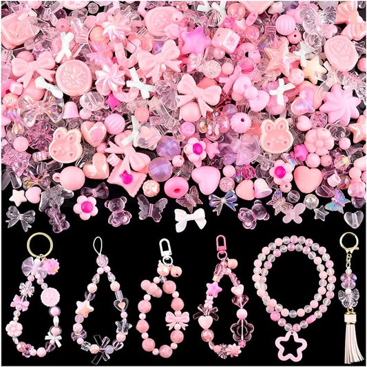 Assorted 170-230PCS Pink Acrylic Beads for Bracelet Making, Flower Bow Butterfly Candy GummyBear Aesthetic Bracelet Charms,Cute Beads for Jewelry Making DIY Necklace Keychain Phone Charm-CubbioJoy