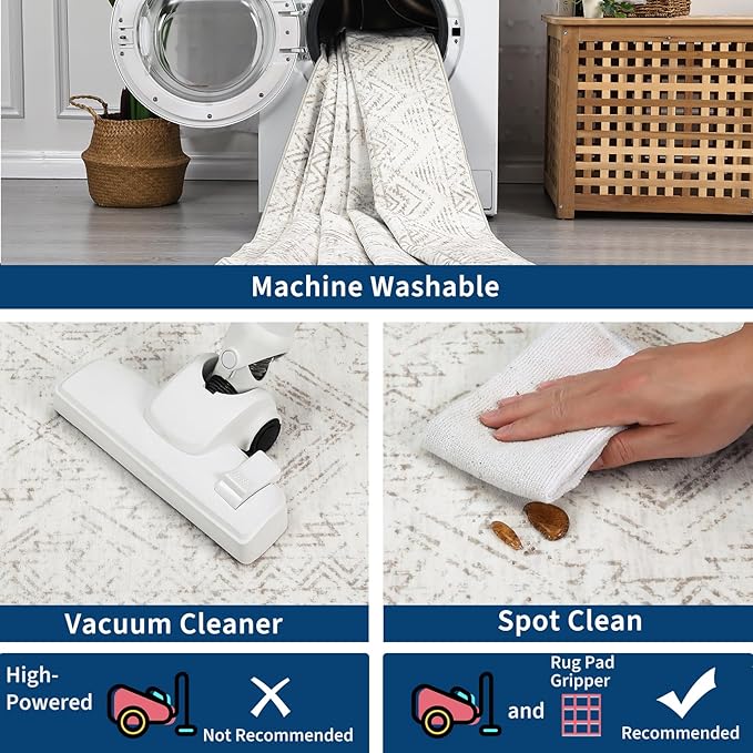 COZYLOOM Runner Rug 2x8 Living Room Washable Rugs Stain Resistant for Bedroom Soft Floor Carpet Non Slip Distressed Geometric Carpet for Dining Room Laundry Room Office, Ivory-CubbioJoy