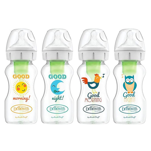 Dr. Brown's Natural Flow Anti-Colic Options+ Wide-Neck Baby Bottles, 9 oz/270 mL, with Level 1 Slow Flow Nipple, 4 Pack Good Morning/Good Night Gift Set-CubbioJoy