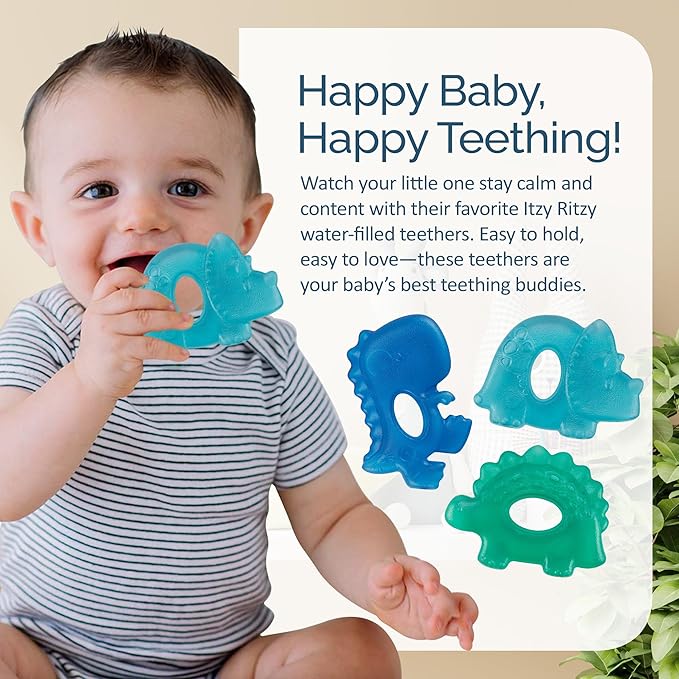 Itzy Ritzy Water-Filled Teethers - Cold Cutie Coolers Textured On Both Sides to Massage Sore Gums & Emerging Teeth - Can Be Chilled in Refrigerator, Set of 3 Coordinating Dinosaur Water Teethers-CubbioJoy