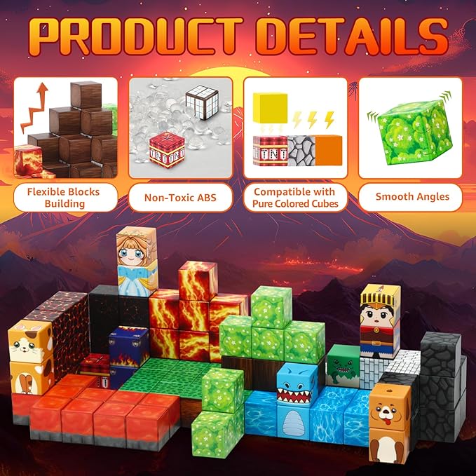 Dinosaur Magnetic Blocks,Dino Volcano World Magnet Building Toys, Sensory Montessori Toys for STEM Learning, Toddler Gift for Boys & Girls Age 3-4 4-5 6-8-CubbioJoy
