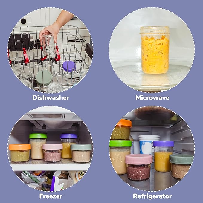 WeeSprout Glass Baby Food Storage Jars - 12 Set, 4 oz/8 oz Baby Food Jars, Plastic Lids, Freezer Storage, Reusable Small Glass Baby Food Containers, Microwave & Dishwasher Safe, for Infant & Baby Food-CubbioJoy