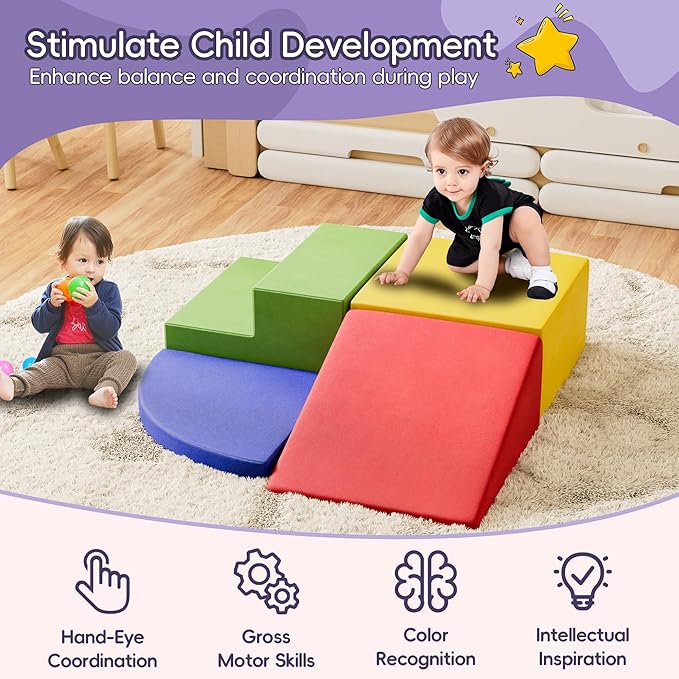 4 Piece Foam Climbing Blocks for Toddlers, Baby Climbing Gym with Ultra High Density Foam for Crawling and Sliding, Indoor Soft Play Set for Infant, Babies & Kids - Multicolor (Multicolor B, 4-Piece)-CubbioJoy