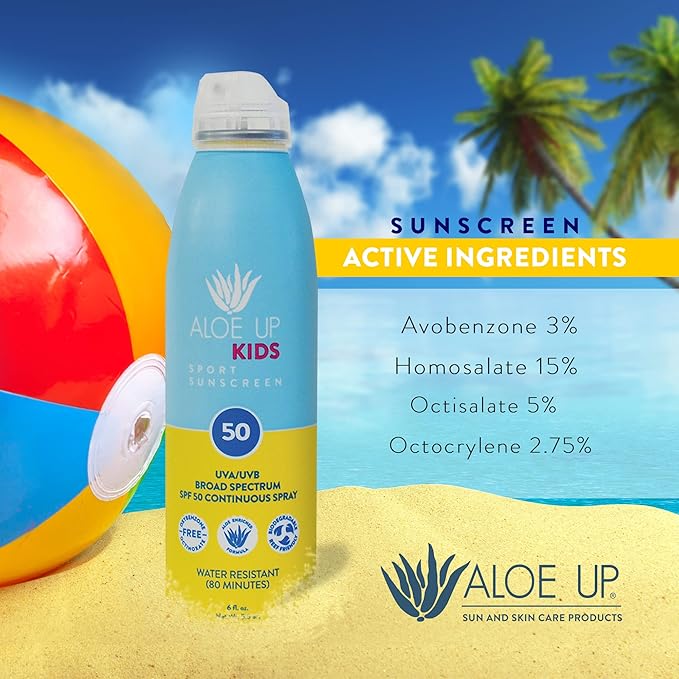 Aloe Up Kids Continuous Sport Sunscreen Spray SPF 50 - Broad Spectrum Sheer Face and Body Sunscreen Protector for Sensitive Skin - With Aloe Vera Gel - Dries Fast - Reef Safe - Fragrance-Free - 5.5 Oz-CubbioJoy