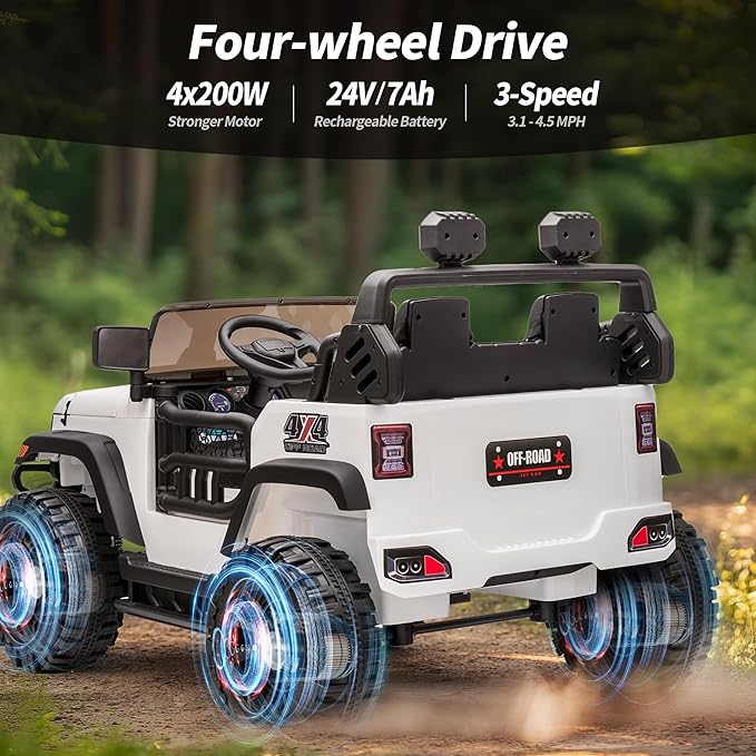 2 Seater Ride on Toy Car for Kids, 24V 4x4 Ride-on Truck Kids Electric Car w/Remote Control, 4x200W Motors - White-CubbioJoy